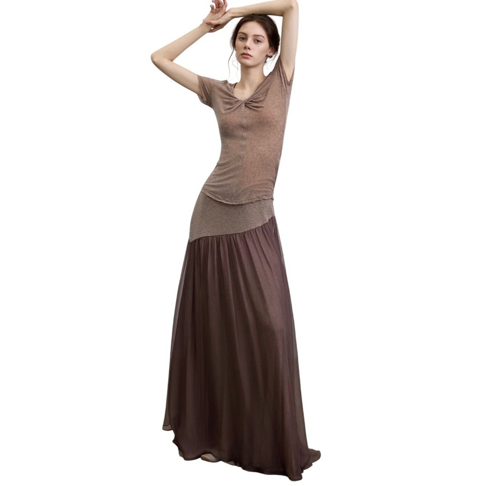 Elywood Womens Silk Maxi Skirt MED Gray Purple Whimsical Luxury Fairy Stretch